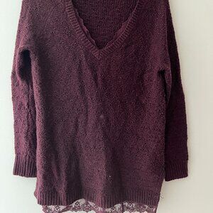 Anthropologie Knitted & Knotted Burgundy Sweater Dress/Tunic with Lace Trim XL